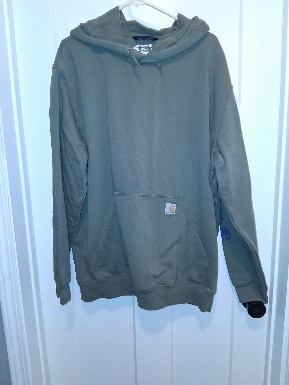 Carhartt Olive Hooded Pullover Sweatshirt With Blue Logo On Sleeve Mens Size XL
